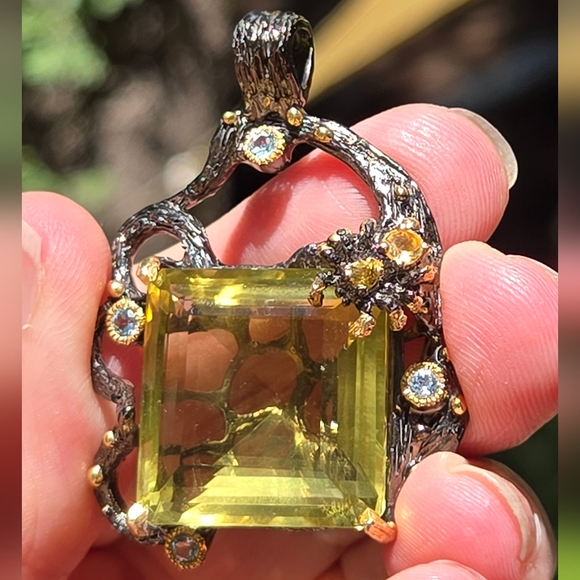 Citrine HUGE 52K & Aquamarine Gemstone Sterling Rhodium & Gold Pendant - Picture 7 of 11